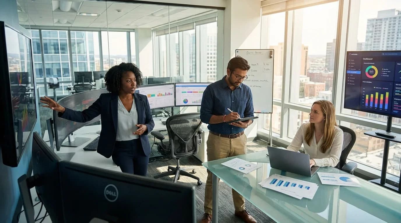A diverse group of professionals collaborates in a modern office, analyzing data on screens and discussing insights related to data science.