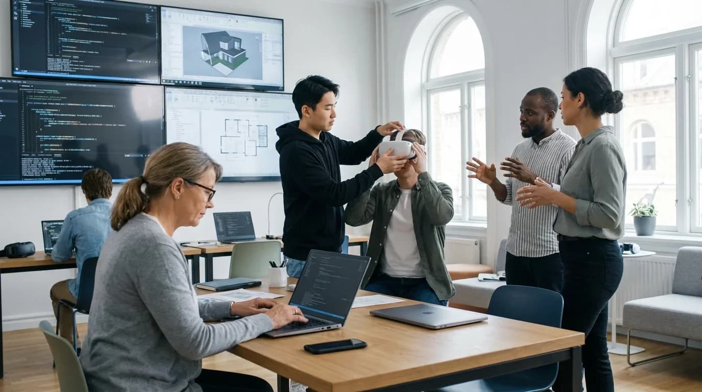 A group of diverse individuals collaborates in a modern classroom, engaging with VR technology and coding on laptops, highlighting immersive software engineeri…