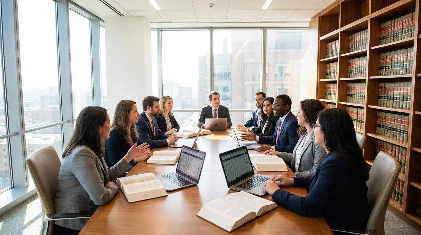 A diverse group of professionals engaged in a discussion around a conference table, with law books and laptops, reflecting a collaborative learning environment…