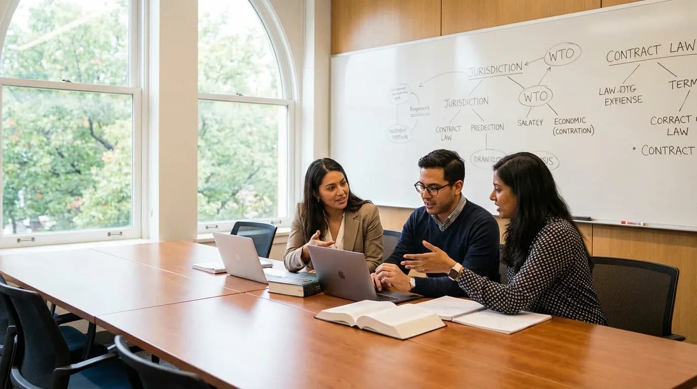 Three professionals engage in a discussion about international business law, using laptops and notes in a bright, collaborative classroom setting.