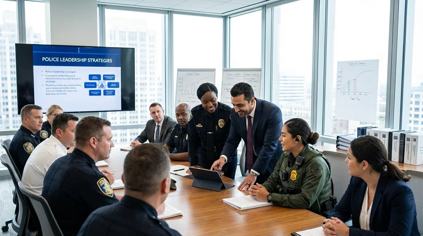 A diverse group of law enforcement professionals collaborates in a modern conference room, discussing police leadership strategies with digital presentations.
