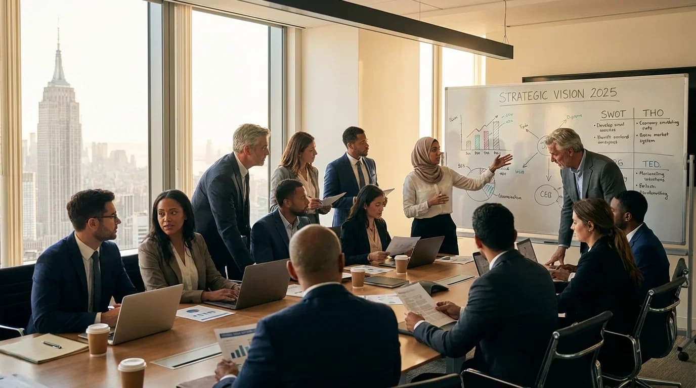 A diverse group of professionals collaborates in a modern conference room, discussing strategic management concepts with city views and charts.