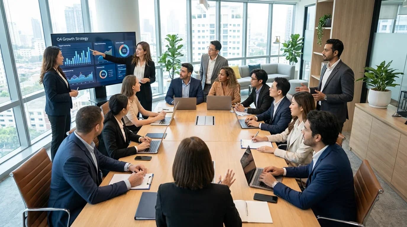 A diverse group of professionals engaged in a strategic marketing meeting, analyzing data on a screen in a modern conference room.