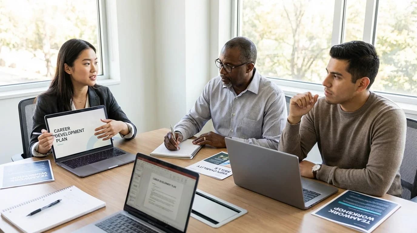 A diverse group of professionals engages in a discussion about career development, highlighting collaboration and skill-building in a modern workspace.