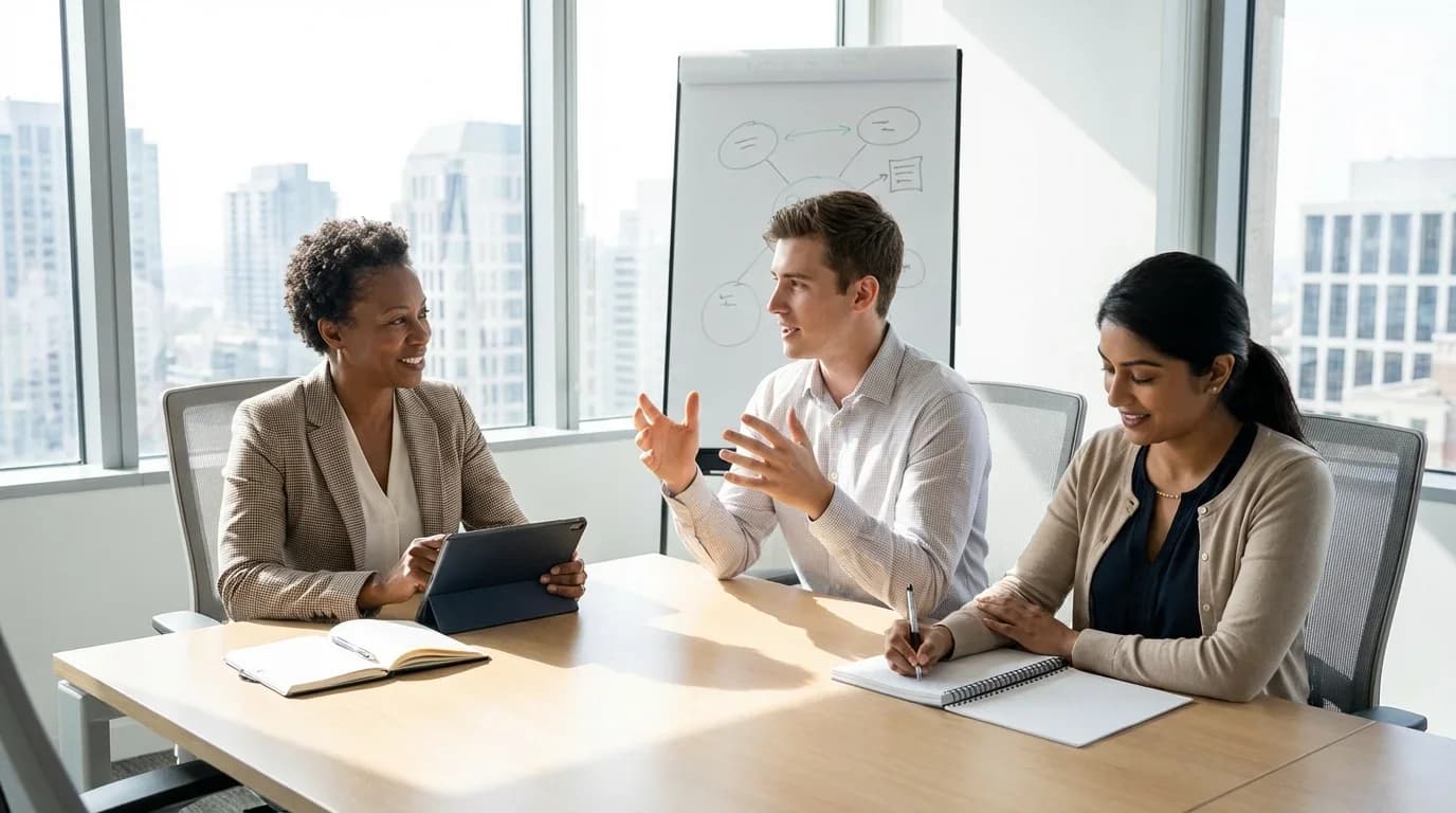 Three professionals engage in a collaborative discussion around a table, with a whiteboard in the background, reflecting a coaching and mentoring training envi…
