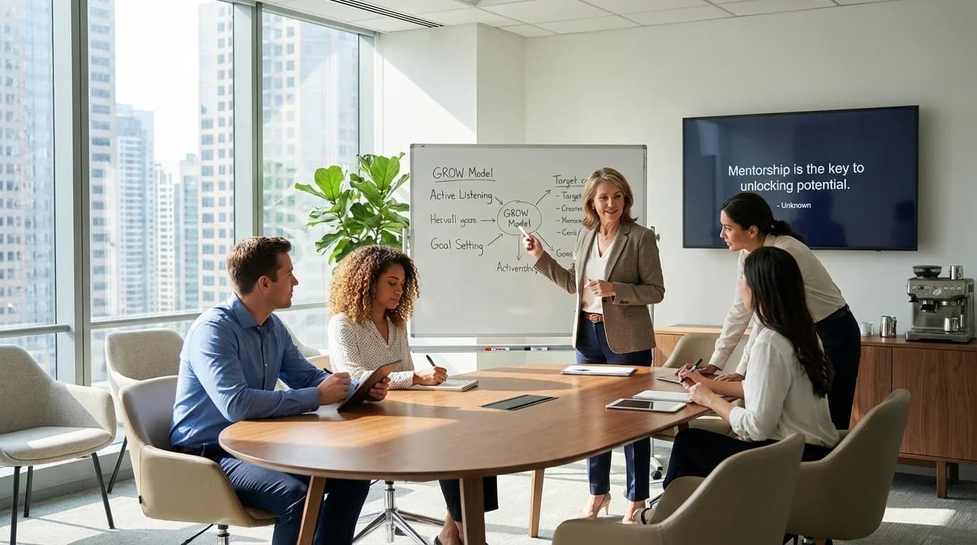 A diverse group of professionals engages in a coaching and mentoring workshop, discussing the GROW model in a modern conference room.