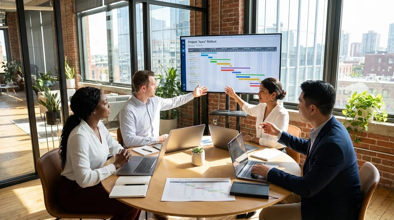 A diverse group of professionals collaborates around a table, discussing a project timeline displayed on a screen in a bright, modern office setting.