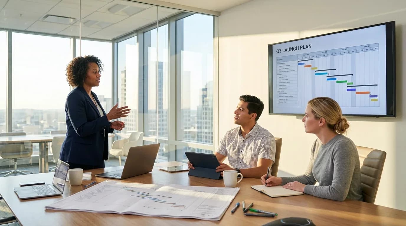 A diverse group of professionals engages in a meeting, discussing a project timeline displayed on a screen, emphasizing collaboration in project management.
