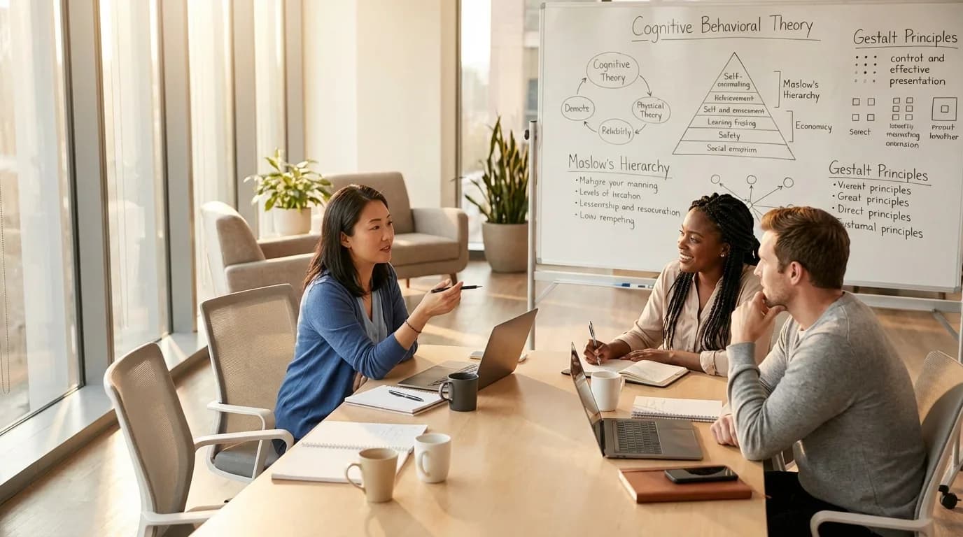 Three professionals engage in a discussion around a table, with a whiteboard displaying psychological theories, emphasizing collaborative learning in psycholog…