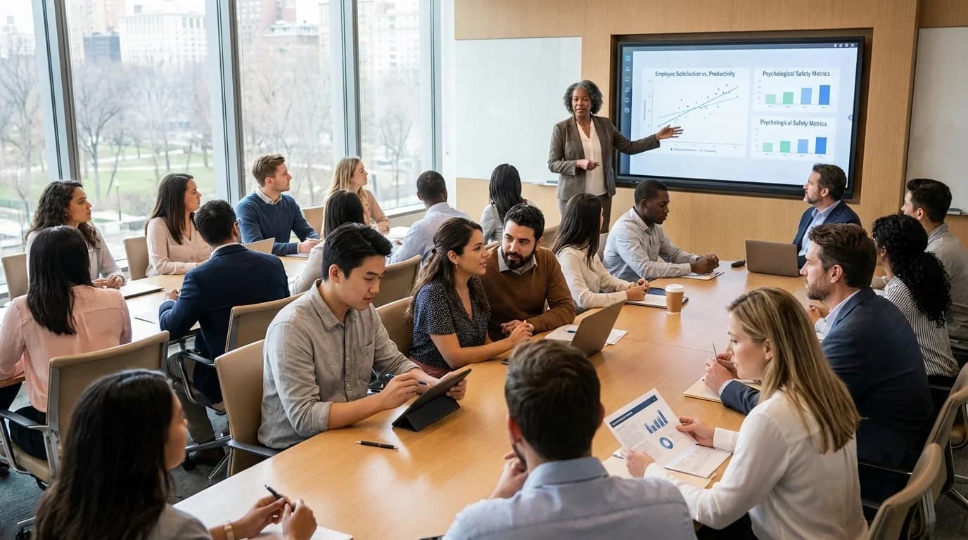 A diverse group of professionals engages in a business training session, discussing psychological metrics displayed on a screen in a modern conference room.