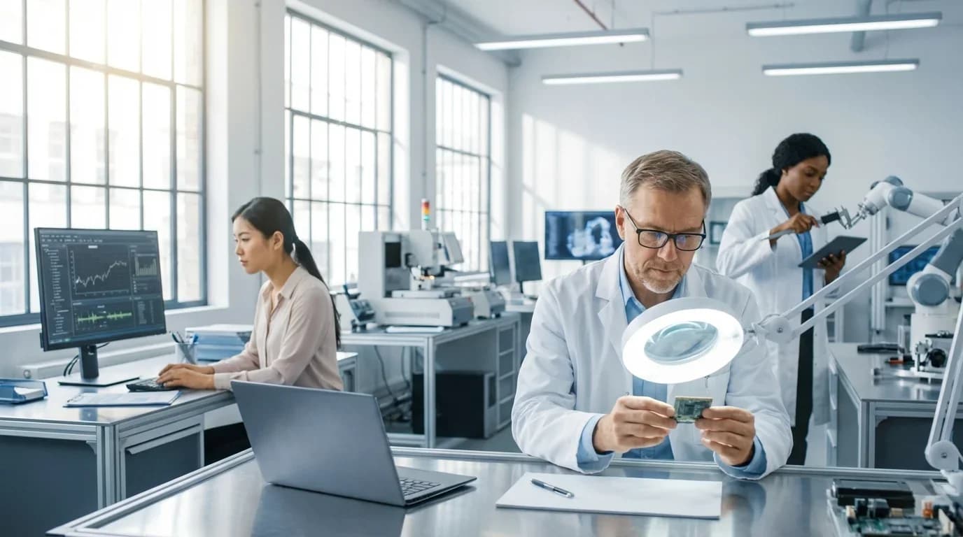 A laboratory setting with a man examining a circuit board under a magnifying lamp, while two women work on computers and equipment, reflecting quality assuranc…