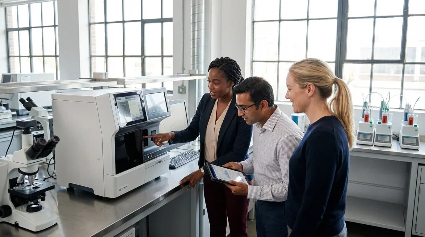 Three professionals engage with advanced lab equipment, discussing quality assurance processes in a bright, modern laboratory setting.