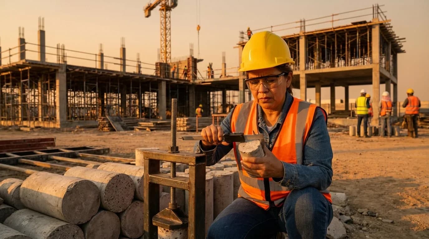 A construction site at sunset shows a woman in safety gear testing concrete samples, emphasizing quality control in civil engineering training.