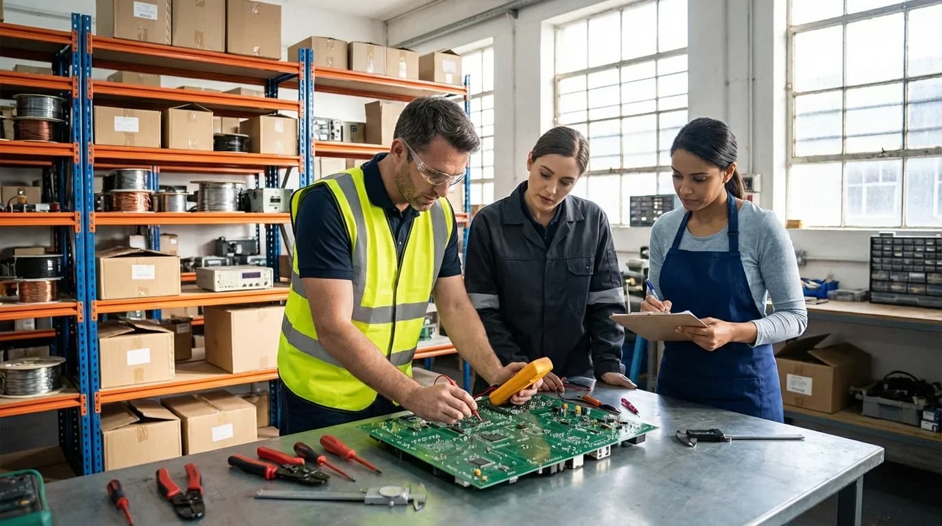 Three individuals in a workshop examine a circuit board, highlighting hands-on learning in quality control for electrical training.