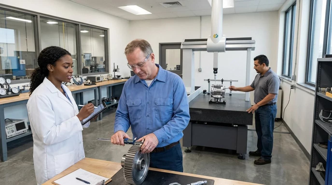 A diverse group of professionals in a quality control lab, measuring mechanical components and discussing procedures, emphasizing hands-on training in QC.