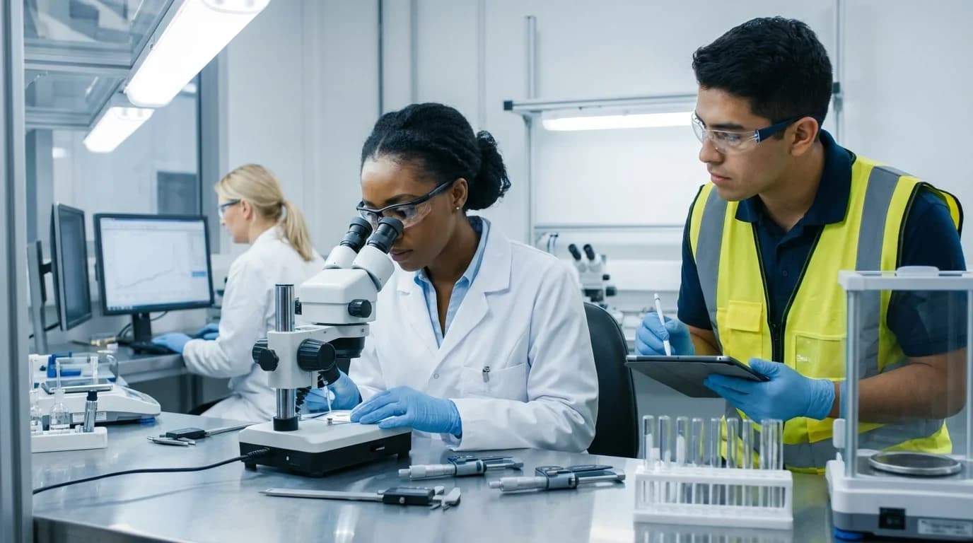 A diverse group of professionals in lab coats uses a microscope and tablets in a modern lab, emphasizing quality control training.