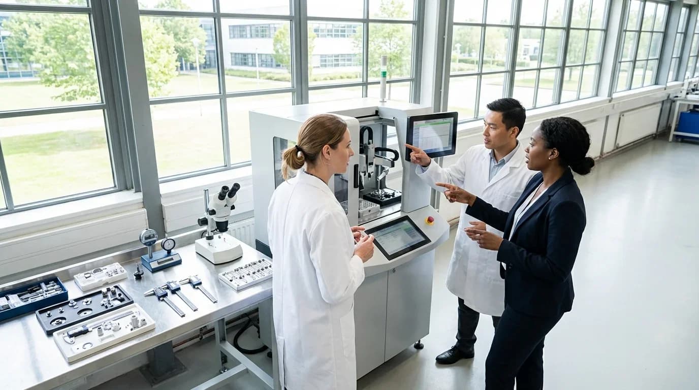 Three professionals in lab coats discuss quality assurance processes in a modern lab, surrounded by testing equipment and natural light.