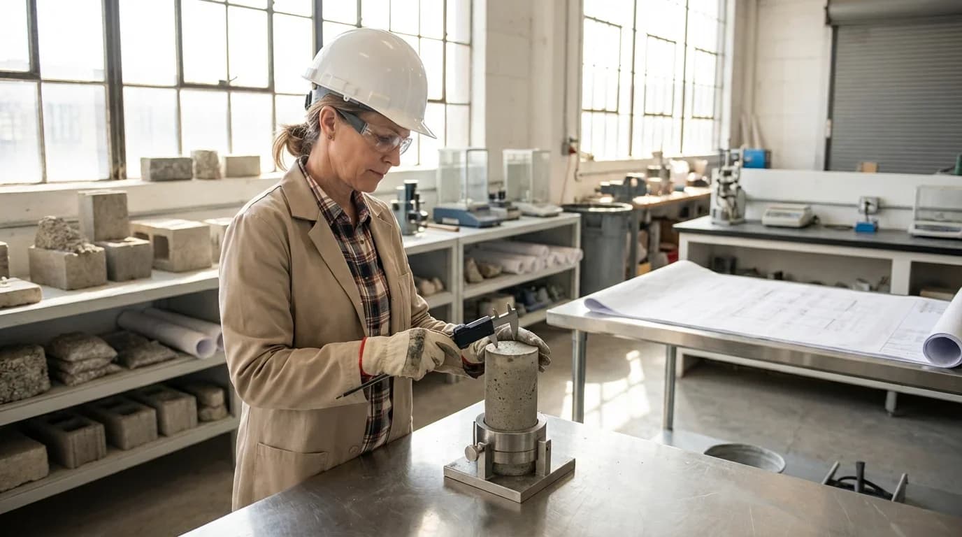 A woman in safety gear measures a concrete sample in a bright laboratory, emphasizing quality control in civil engineering training.
