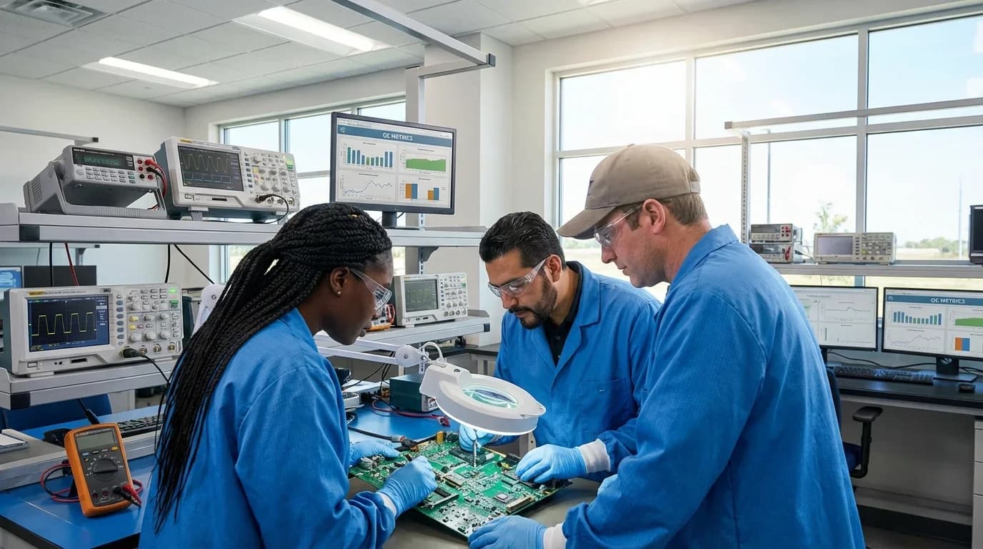 Three individuals in blue lab coats collaborate on a circuit board in a modern lab, surrounded by testing equipment and monitors, emphasizing quality control t…