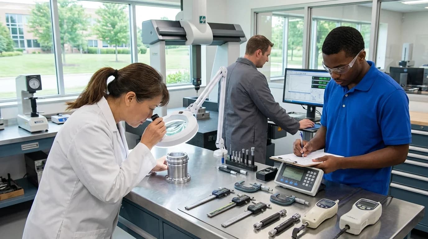 A diverse group of professionals examines mechanical components and equipment in a bright lab, emphasizing hands-on quality control training.