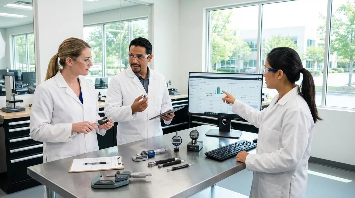 Three professionals in lab coats discuss quality control data at a workstation, surrounded by measurement tools and a computer displaying analytics.