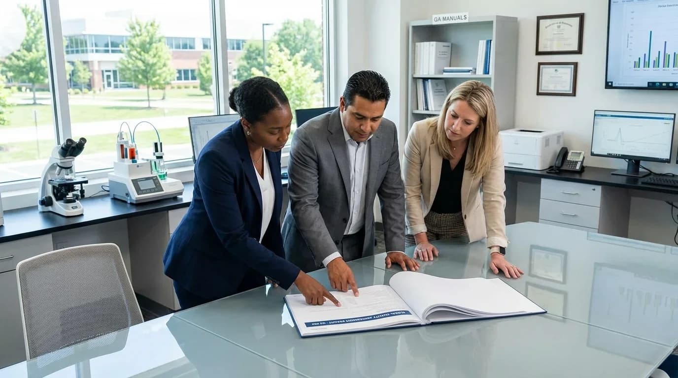 Three professionals collaborate over a large manual in a modern office, emphasizing teamwork and quality assurance in training.