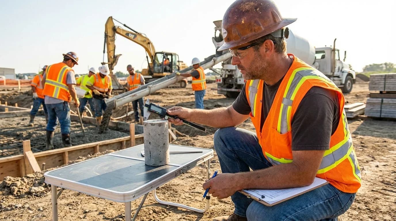 A construction worker measures a concrete sample on a job site, surrounded by colleagues and heavy machinery, emphasizing quality control in civil engineering.