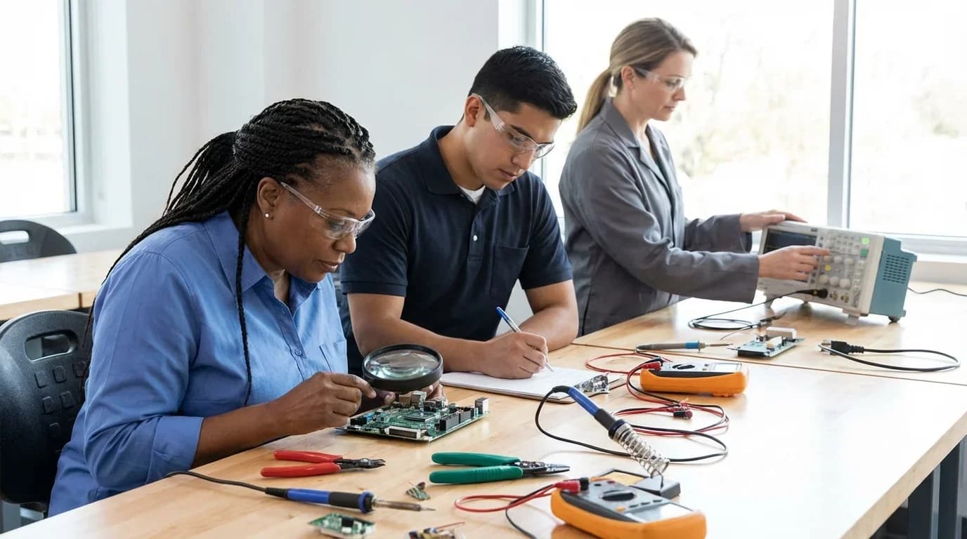 Three individuals work on electronic circuit boards, using tools and equipment in a bright, modern classroom, emphasizing hands-on quality control training.