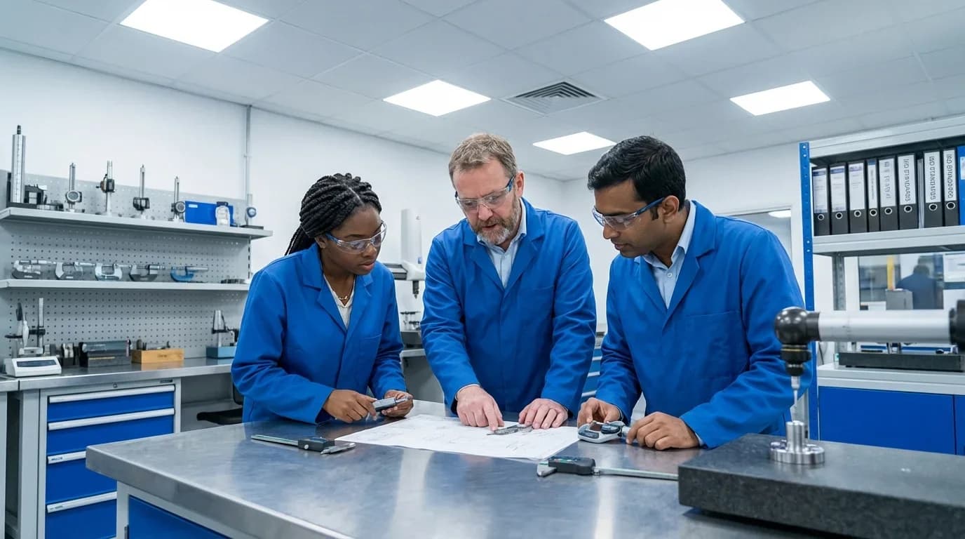 Three professionals in blue lab coats collaborate over technical drawings and measuring tools in a bright quality control laboratory.
