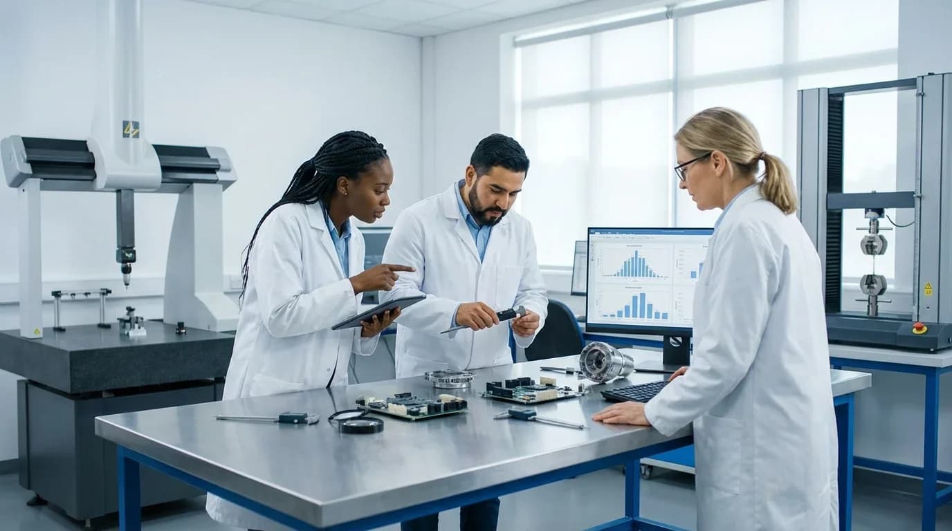 Three professionals in lab coats collaborate at a table with quality control equipment and data analysis on a computer screen in a bright laboratory setting.