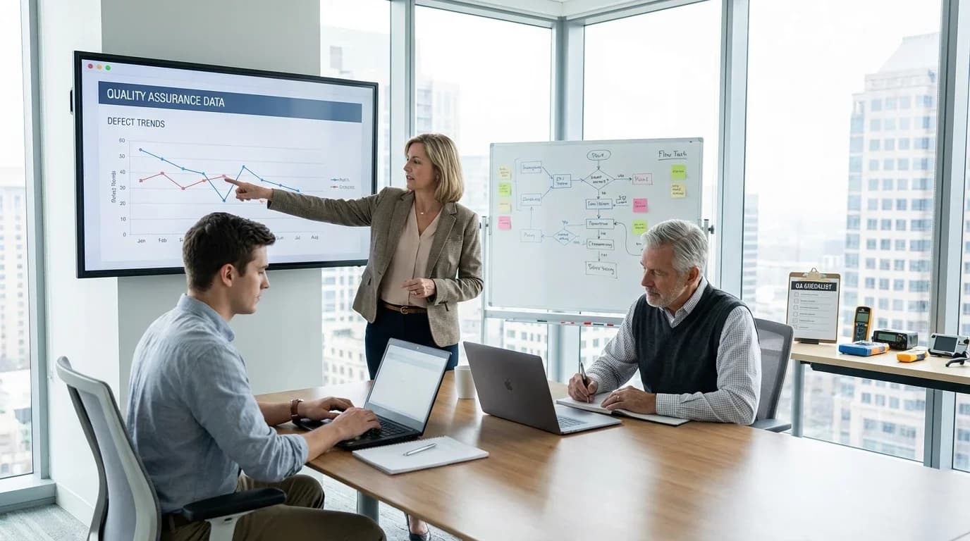 A professional training session with three individuals discussing quality assurance data, featuring graphs and charts on display in a modern office setting.