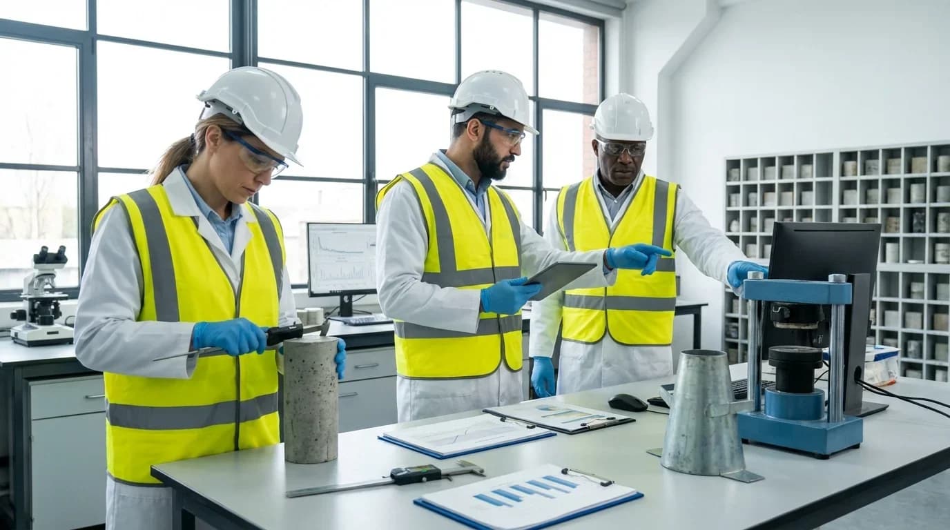 Three professionals in safety gear examine concrete samples and data in a lab, emphasizing quality control in civil engineering training.