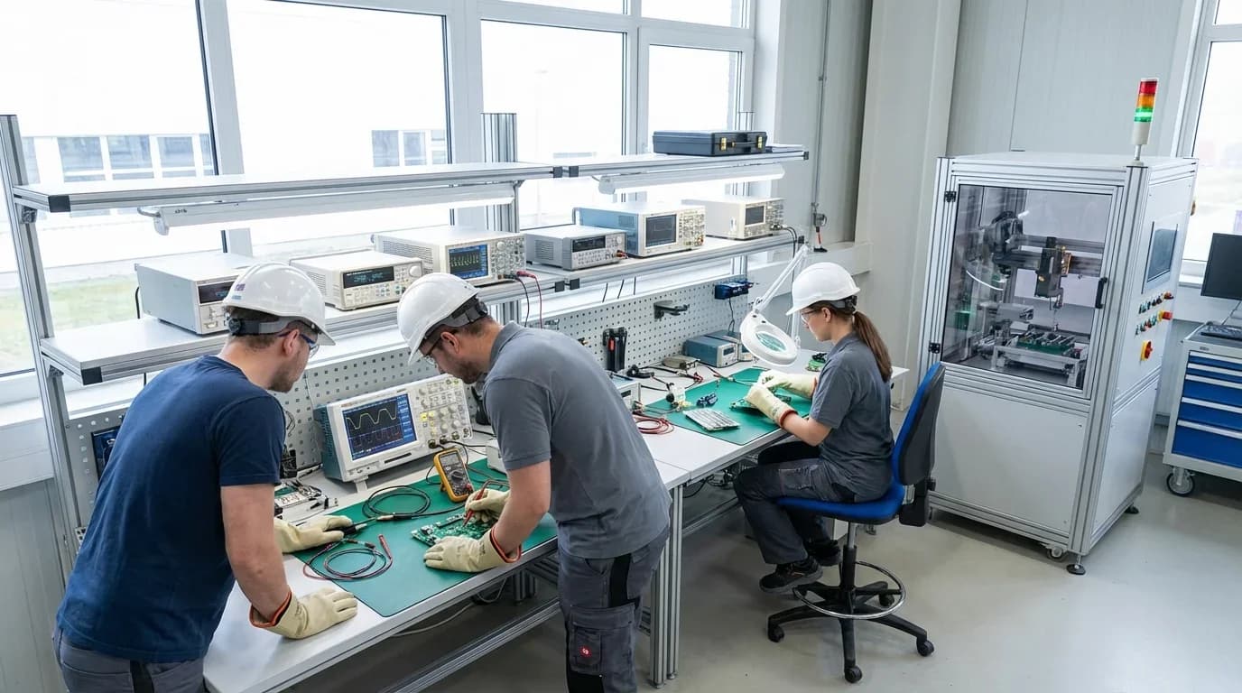 Three individuals in hard hats work on electrical components in a bright lab, showcasing hands-on quality control training for electrical systems.