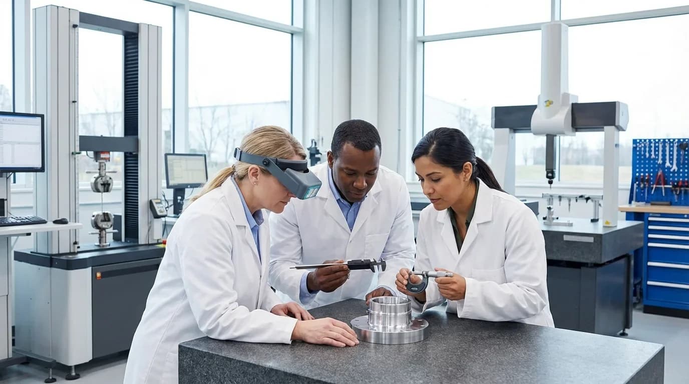 Three professionals in lab coats examine mechanical components using precision tools in a bright, modern quality control laboratory.