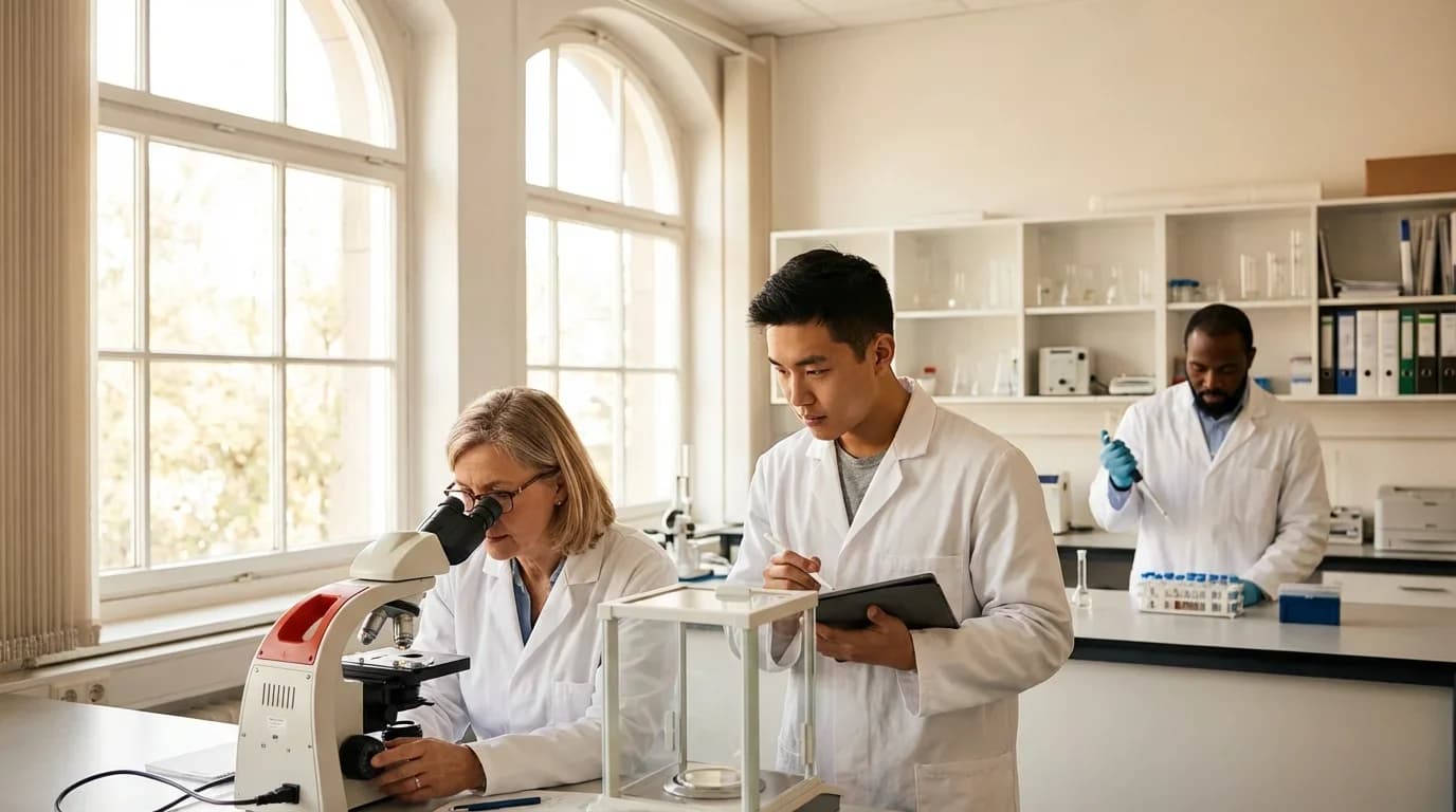A laboratory scene with three professionals in white coats engaged in quality control activities using a microscope and lab equipment.