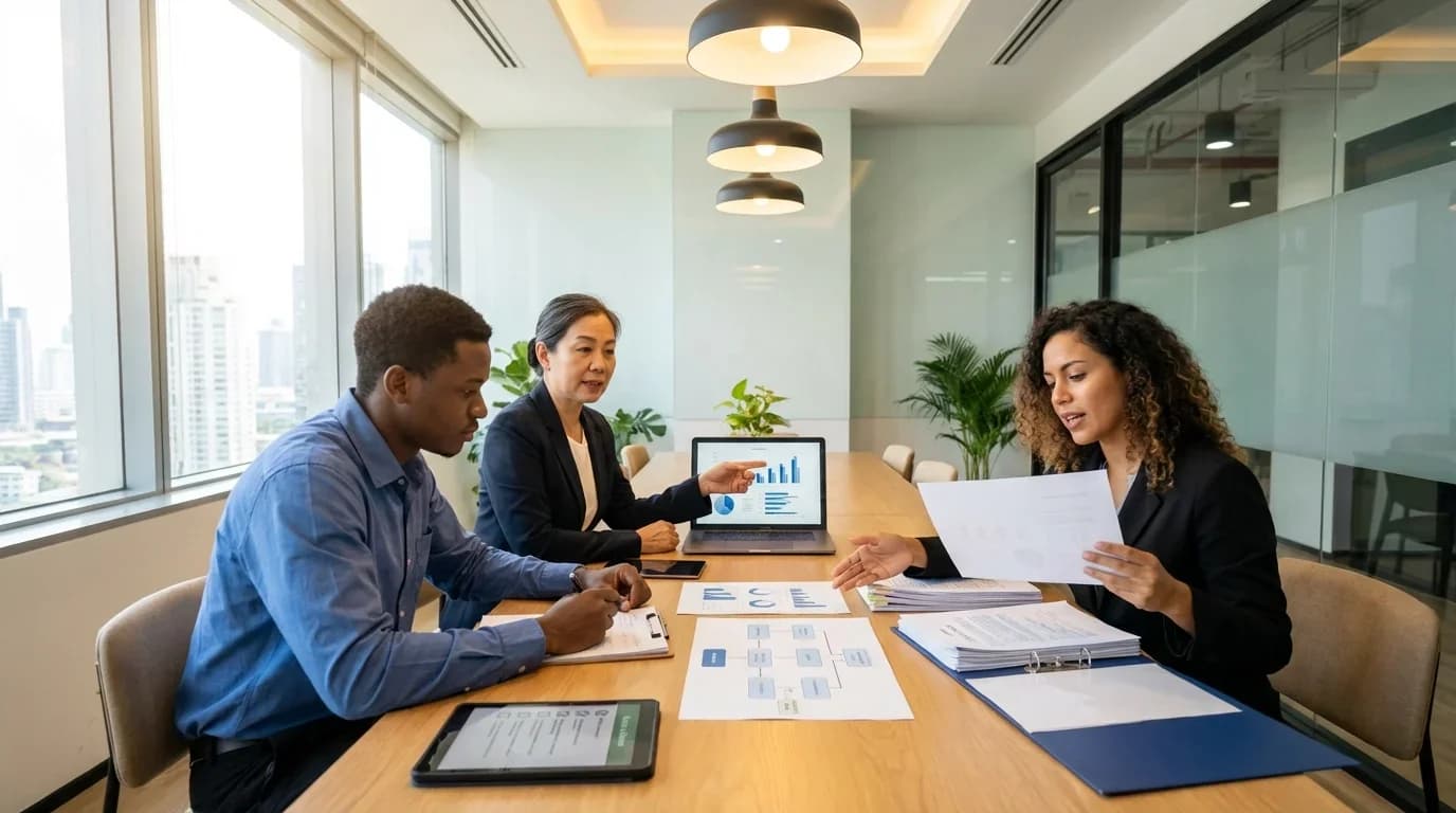 A diverse group of professionals collaborates in a modern office, discussing quality assurance strategies with charts and documents on the table.