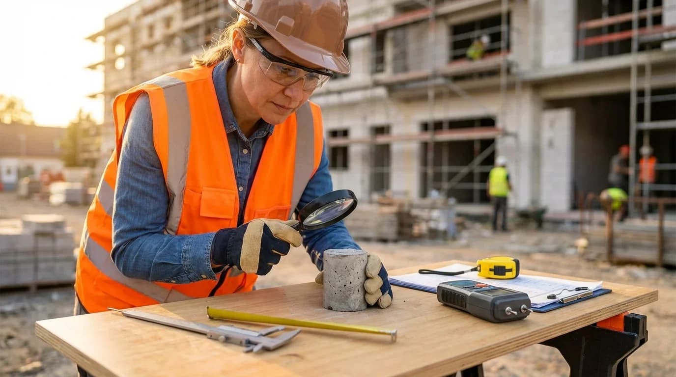 A construction professional inspects a concrete sample with a magnifying glass, surrounded by tools and a building site, emphasizing quality control in civil w…
