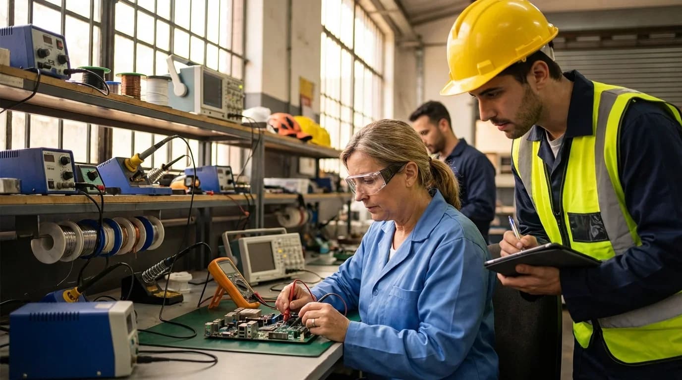 A woman in safety goggles works on a circuit board while two men observe and take notes in a well-equipped electrical training workshop.