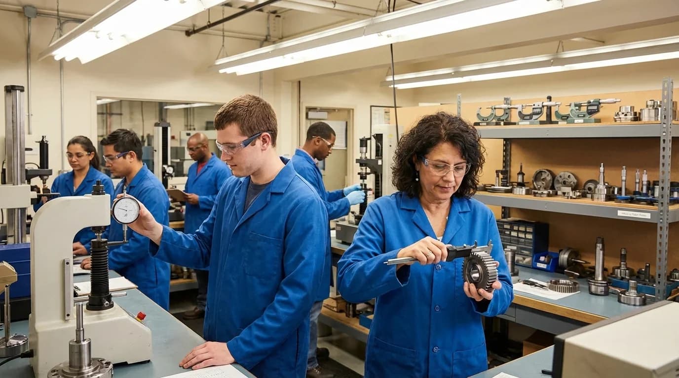 A diverse group of individuals in blue lab coats conducts quality control measurements using precision tools in a well-equipped mechanical workshop.