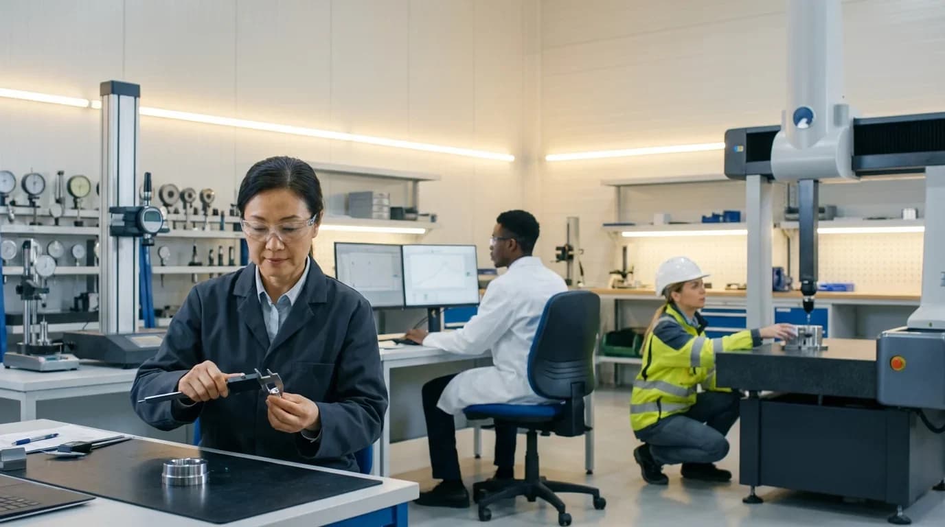 A diverse group of professionals in a quality control lab, using precision tools and equipment, emphasizing hands-on training in quality assurance.