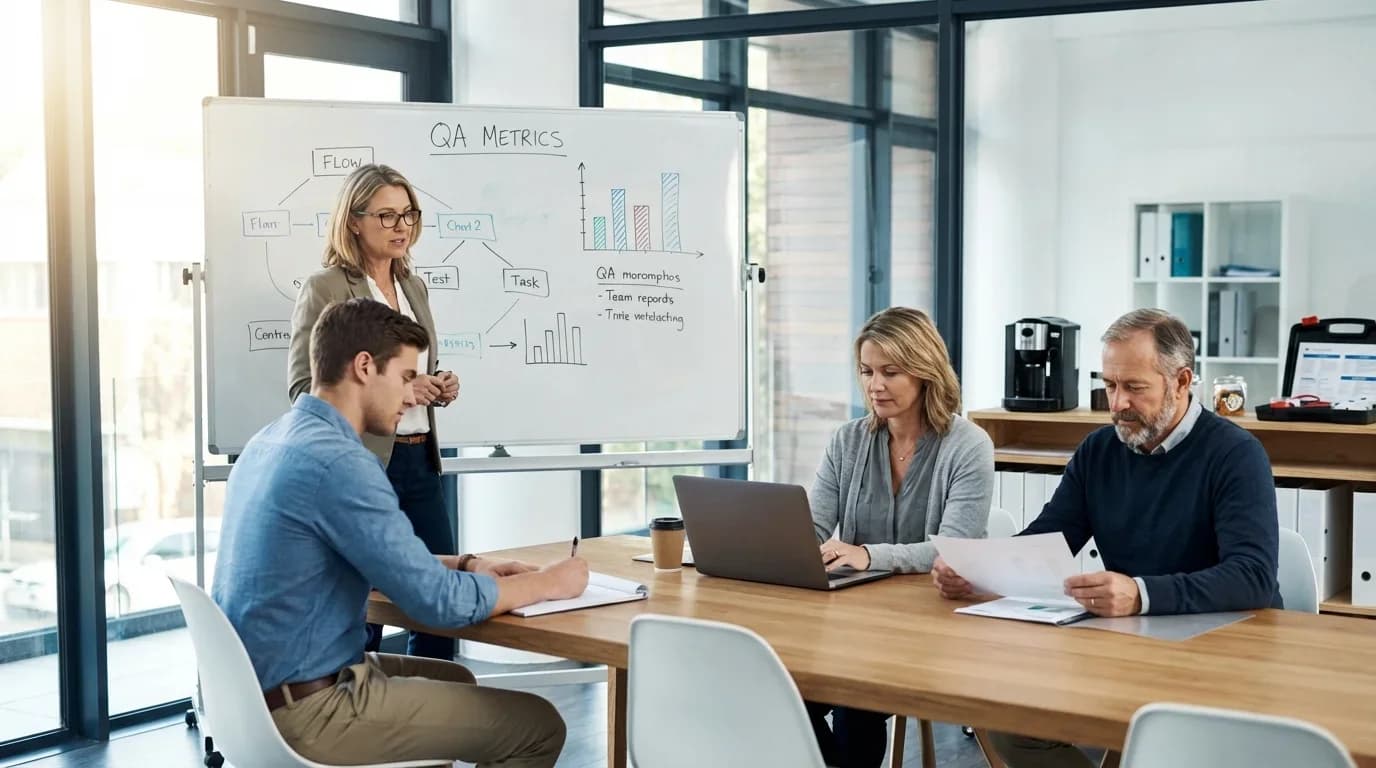 A diverse group of professionals collaborates in a bright office, discussing QA metrics with charts on a whiteboard, emphasizing teamwork in quality assurance…