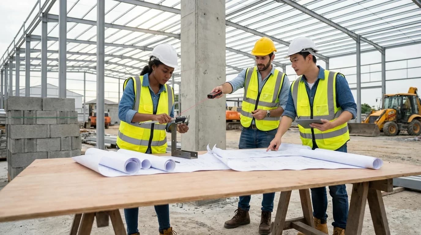 Three construction professionals in safety vests collaborate on blueprints and measurements at a building site, emphasizing quality control training.