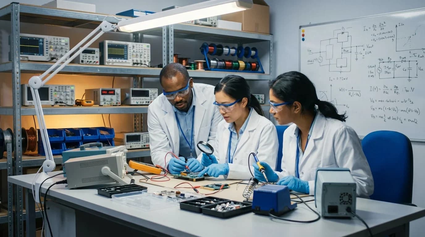 Three individuals in lab coats and safety goggles collaborate on electrical components at a well-equipped training lab, emphasizing hands-on quality control sk…