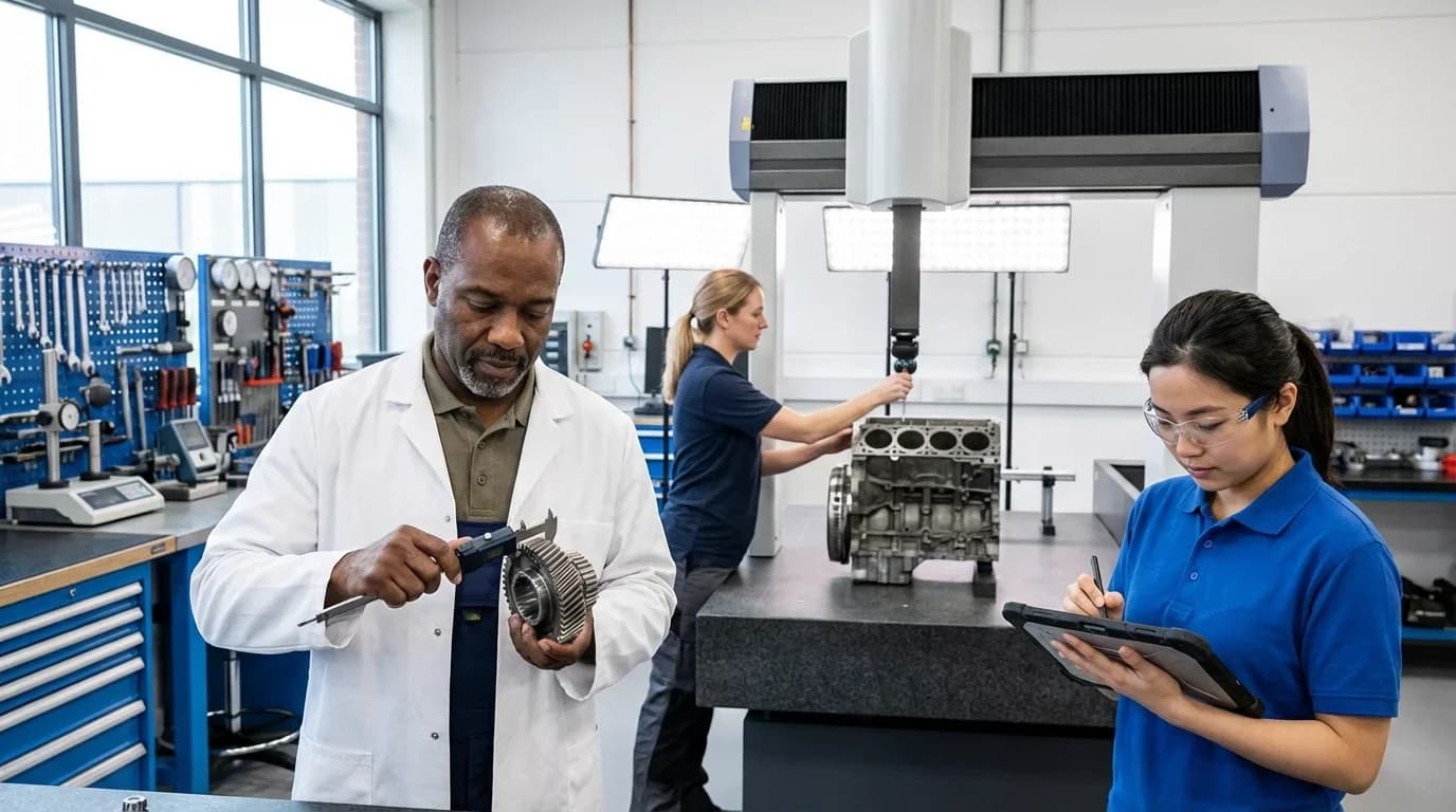 A diverse group of professionals in a quality control lab, using tools and technology to inspect mechanical components, highlighting hands-on training.