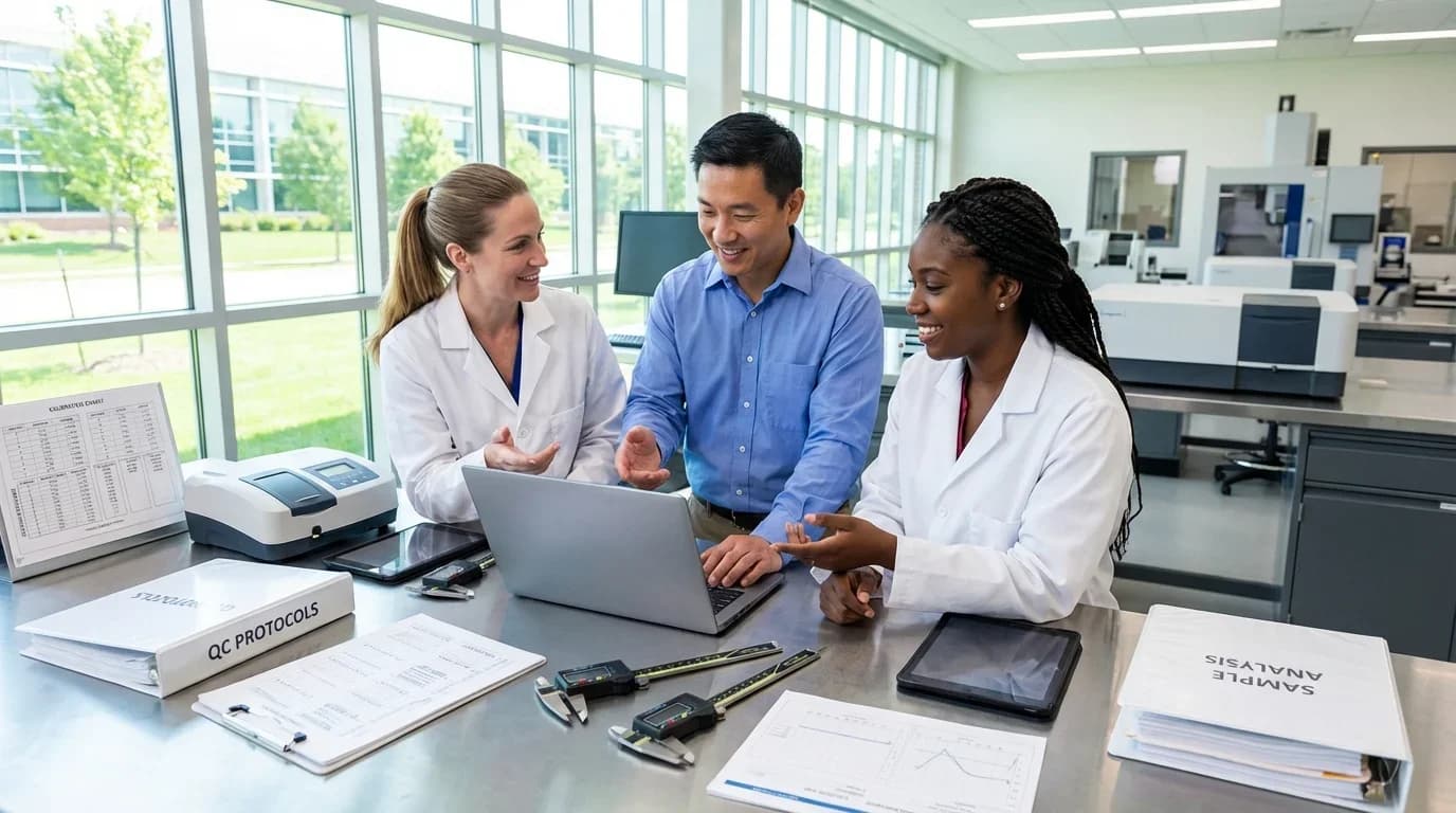 Three professionals in lab coats collaborate over a laptop in a bright laboratory, discussing quality control protocols with equipment and documents visible.