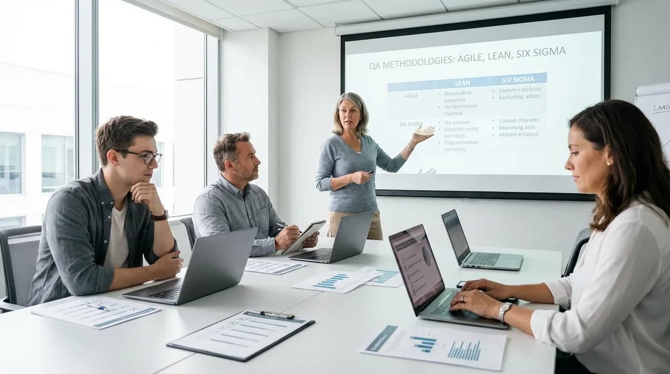 A diverse group of professionals engages in a quality assurance training session, focusing on methodologies like Agile, Lean, and Six Sigma.