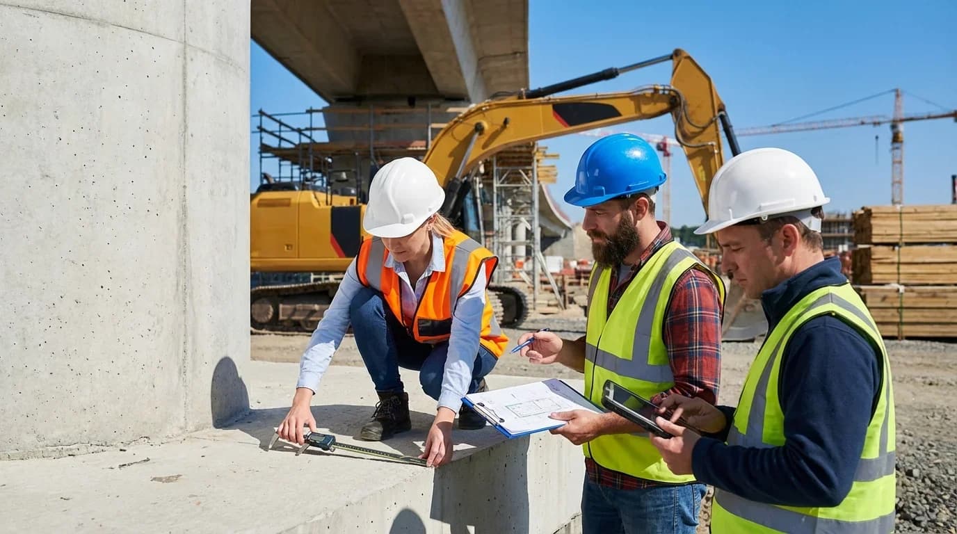 Three construction professionals in safety gear assess a concrete structure on-site, emphasizing quality control in civil engineering training.