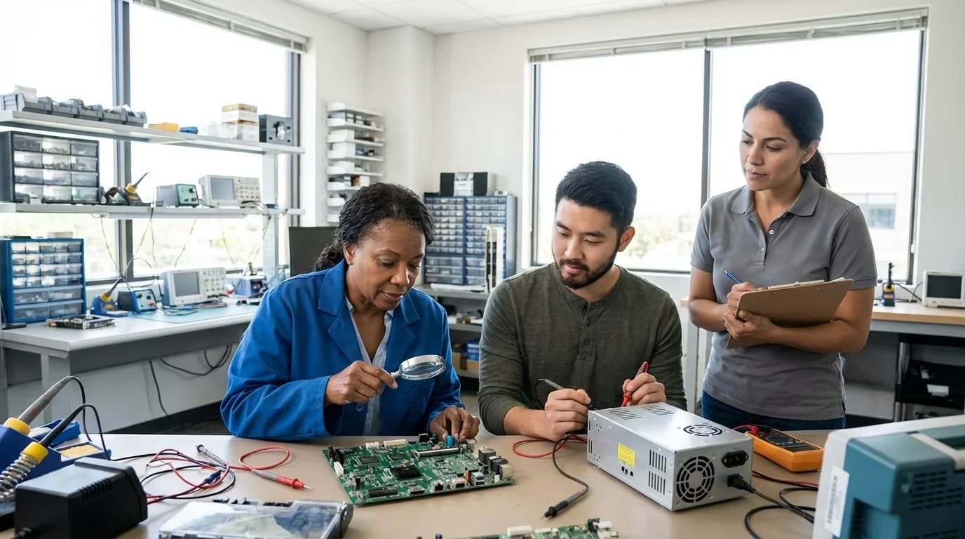 A diverse group of three individuals collaborates in a well-equipped lab, examining electrical components, emphasizing hands-on learning in quality control.