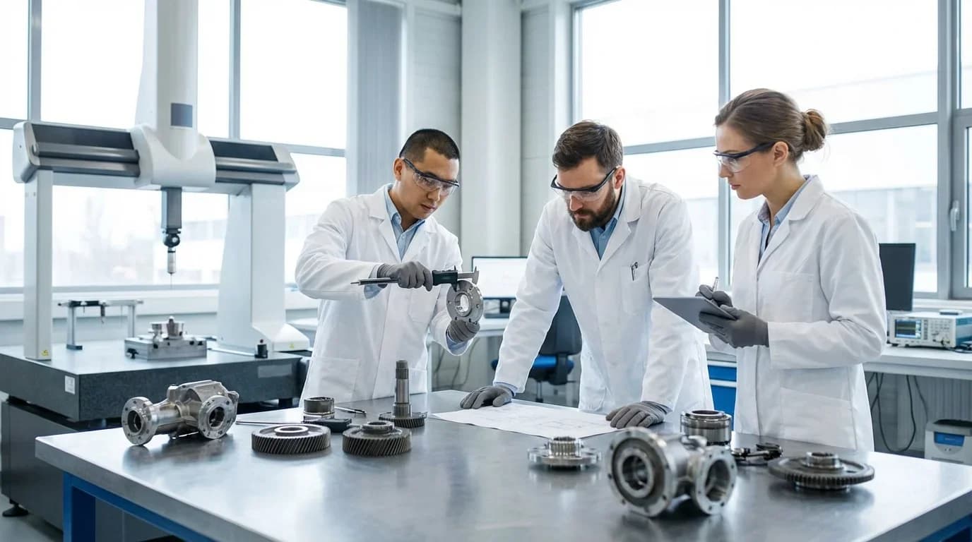 Three professionals in lab coats examine mechanical components and technical documents in a bright, modern quality control laboratory.