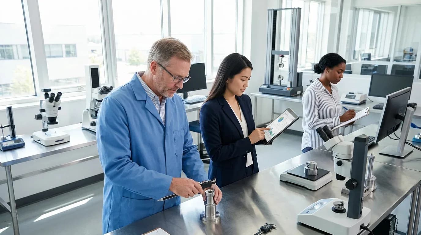 A laboratory setting with three professionals engaged in quality control tasks, using measuring tools and digital devices to analyze data.